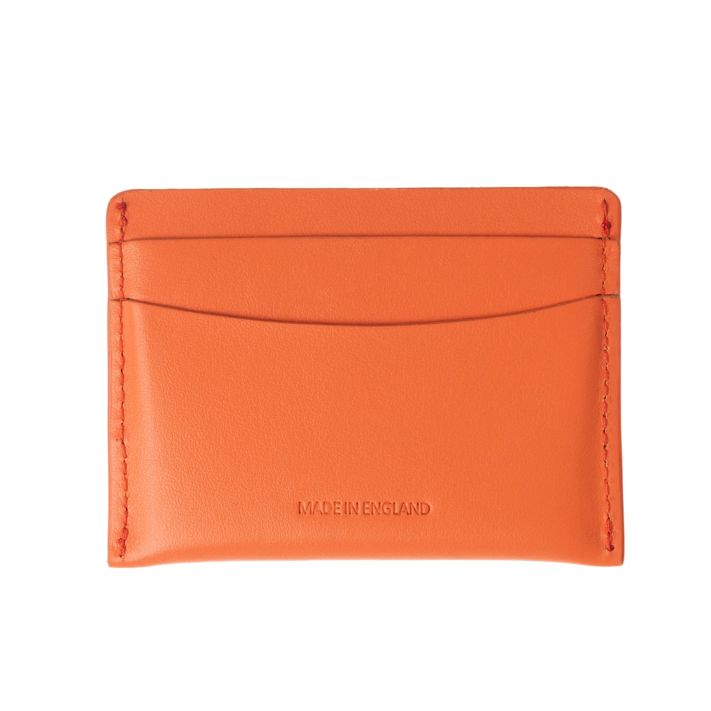Handmade in orange card holder, made from top grain Italian leather with equestrian polo themed logo - front side.