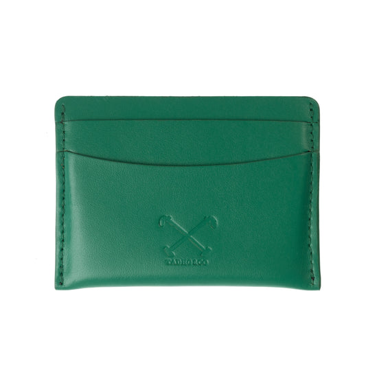 Handmade in Britain, British green card holder, made from top grain Italian leather with equestrian polo themed logo - front side. 
