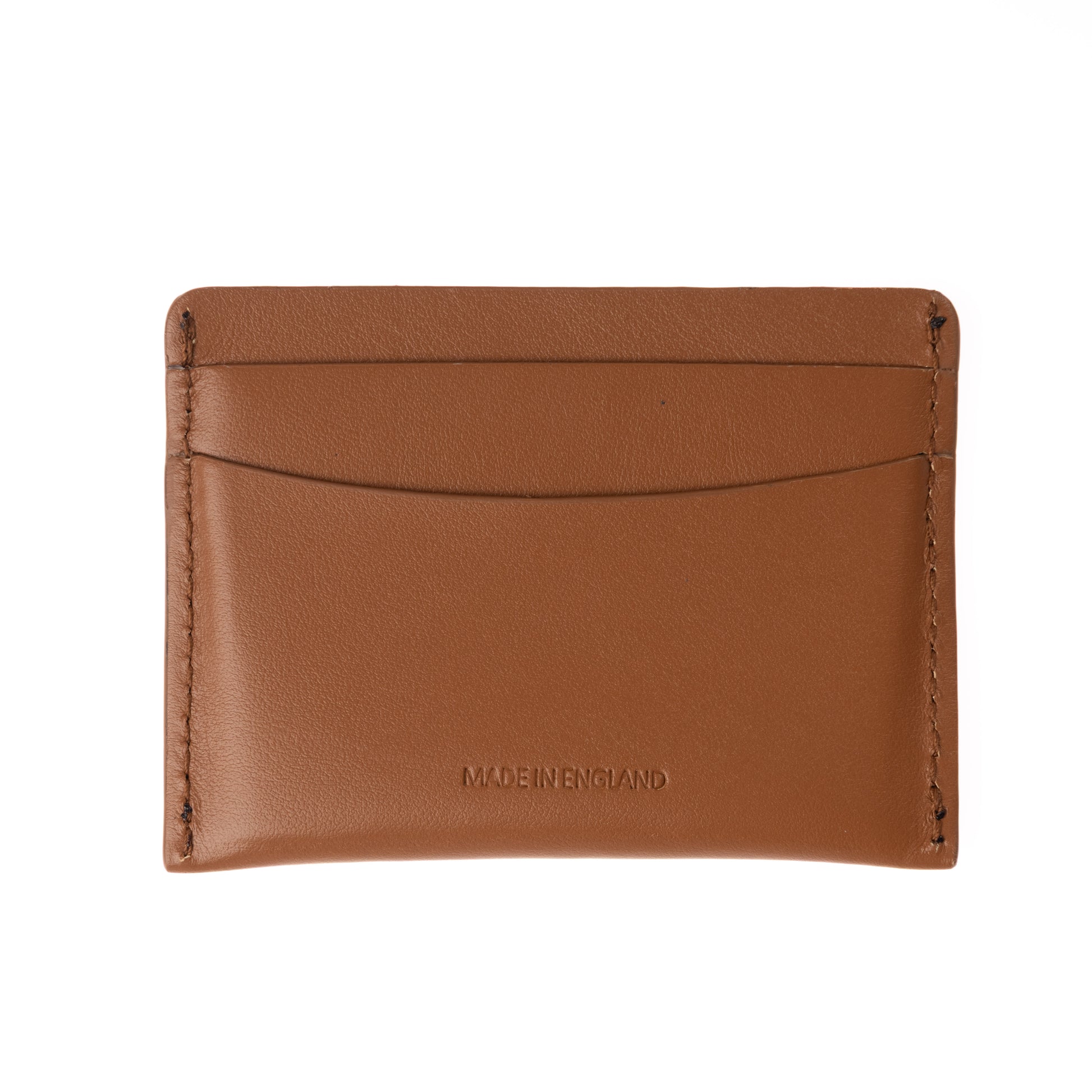 Handmade in Britain tan card holder, made from top grain Italian leather with equestrian polo themed logo - back side. 