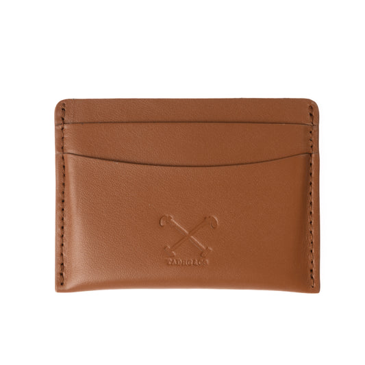 Handmade in Britain tan holder, made from top grain Italian leather with equestrian polo themed logo - front side. 