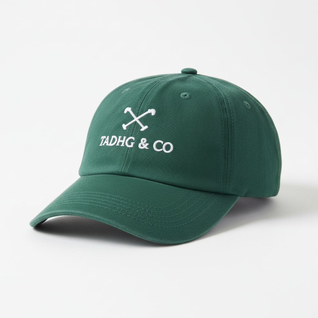Forest Green Baseball Cap (dad cap style) with white Tadhg & Co branding. 