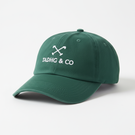 Forest Green Baseball Cap (dad cap style) with white Tadhg & Co branding. 
