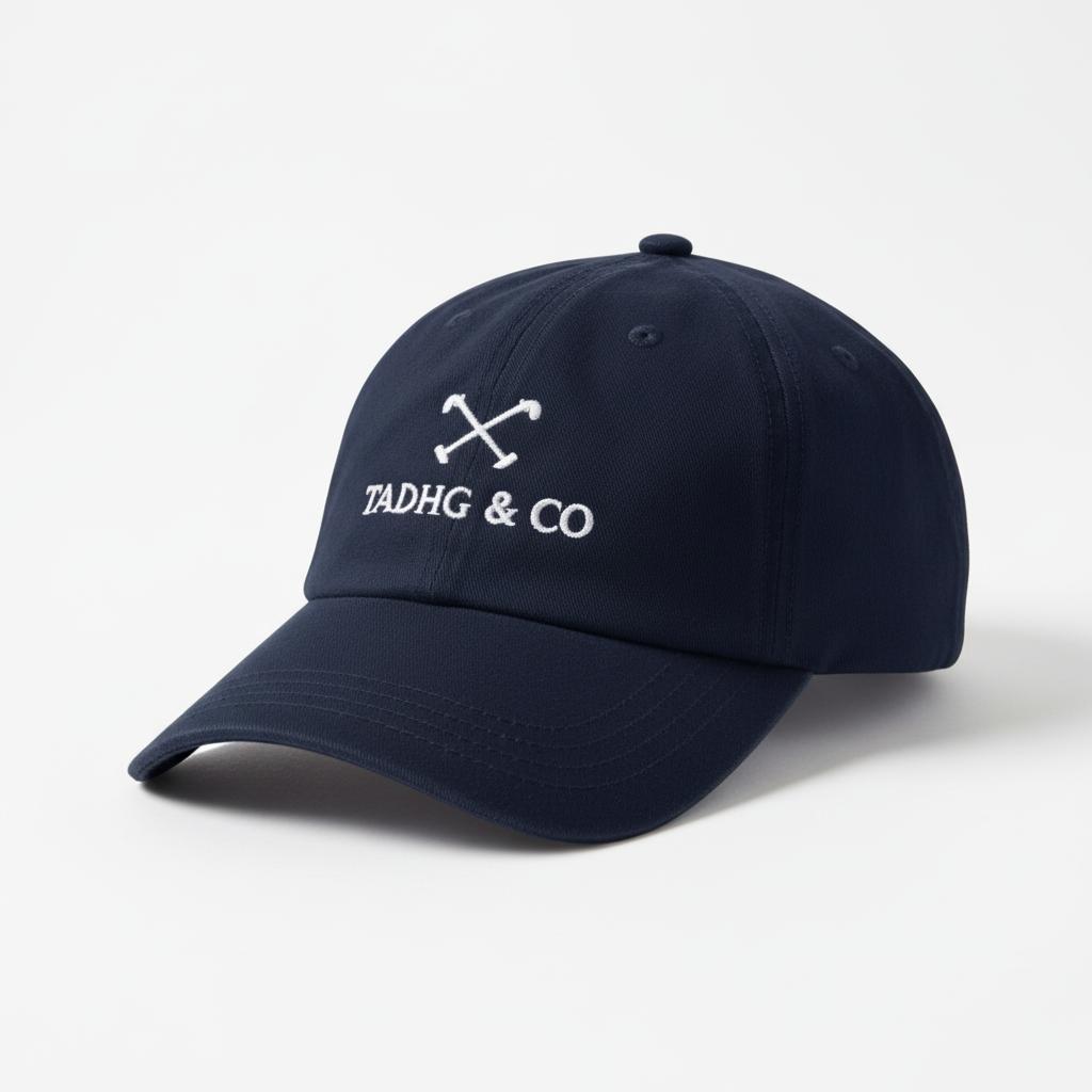 Navy Baseball Cap (dad cap style) with white Tadhg & Co branding. 